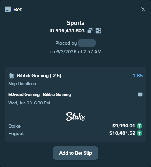 Bet slip: EDward Gaming - Bilibili Gaming, $10,000.00 stake at 1.85 odds, placed by Nilsen11