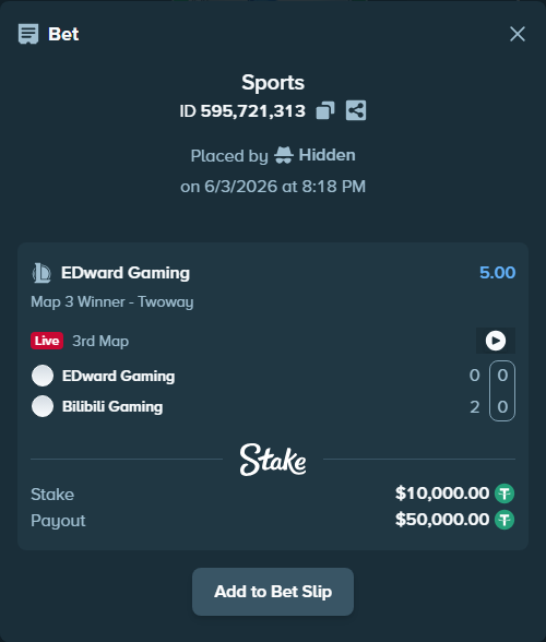 Bet slip: EDward Gaming - Bilibili Gaming, $10,010.00 stake at 5.00 odds, placed by Hidden