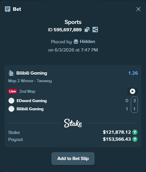 Bet slip: EDward Gaming - Bilibili Gaming, $122,000.00 stake at 1.26 odds, placed by Hidden