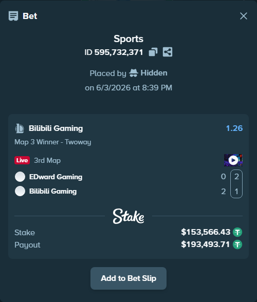 Bet slip: EDward Gaming - Bilibili Gaming, $153,720.00 stake at 1.26 odds, placed by Hidden