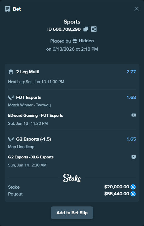 Bet slip: EDward Gaming - FUT Esports, $20,000.00 stake at 1.68 odds, placed by Hidden