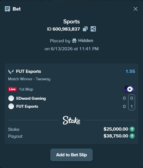 Bet slip: EDward Gaming - FUT Esports, $25,025.00 stake at 1.55 odds, placed by Hidden