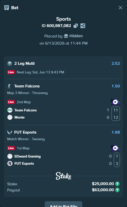 Bet slip: EDward Gaming - FUT Esports, $25,025.00 stake at 1.68 odds, placed by Hidden