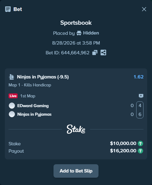 Bet slip: EDward Gaming - Ninjas in Pyjamas, $10,000.00 stake at 1.62 odds, placed by Hidden