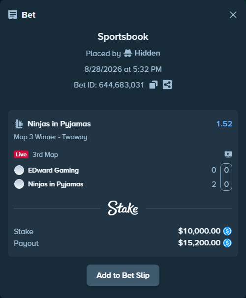 Bet slip: EDward Gaming - Ninjas in Pyjamas, $10,000.00 stake at 1.52 odds, placed by Hidden