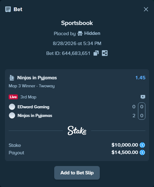 Bet slip: EDward Gaming - Ninjas in Pyjamas, $10,000.00 stake at 1.45 odds, placed by Hidden