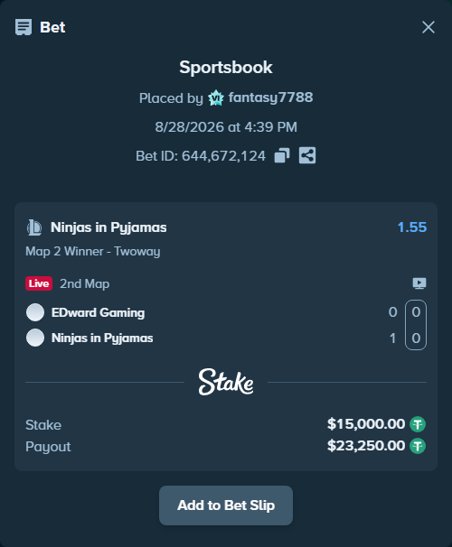 Bet slip: EDward Gaming - Ninjas in Pyjamas, $15,000.00 stake at 1.55 odds, placed by fantasy7788