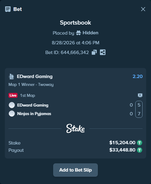 Bet slip: EDward Gaming - Ninjas in Pyjamas, $15,204.00 stake at 2.20 odds, placed by Hidden