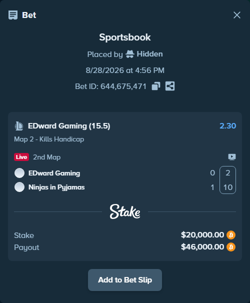 Bet slip: EDward Gaming - Ninjas in Pyjamas, $20,008.57 stake at 2.30 odds, placed by Hidden