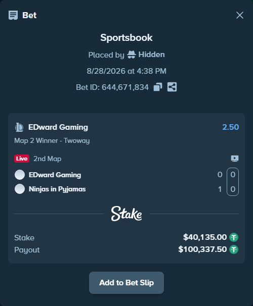 Bet slip: EDward Gaming - Ninjas in Pyjamas, $40,135.00 stake at 2.50 odds, placed by Hidden