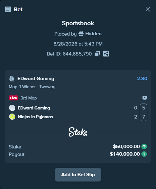 Bet slip: EDward Gaming - Ninjas in Pyjamas, $49,995.00 stake at 2.80 odds, placed by Hidden