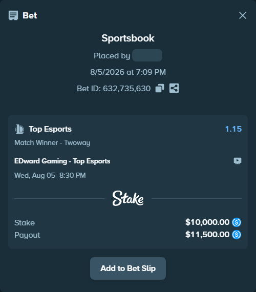 Bet slip: EDward Gaming - Top Esports, $10,000.00 stake at 1.15 odds, placed by kievpanda