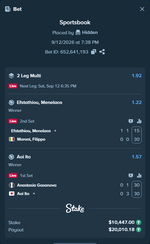 Bet slip: Efstathiou, Menelaos - Moroni, Filippo, $10,447.00 stake at 1.22 odds, placed by Hidden