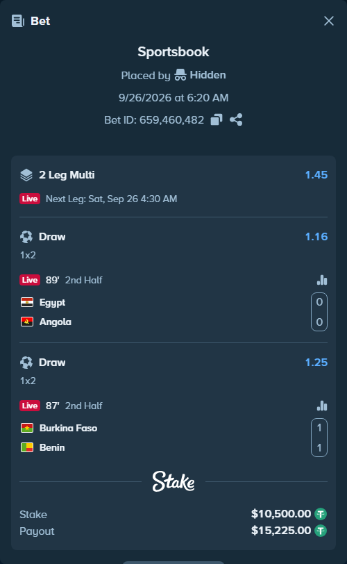Bet slip: Egypt - Angola, $10,500.00 stake at 1.16 odds, placed by Usklood