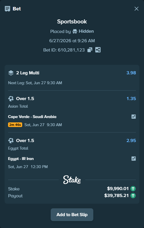 Bet slip: Egypt - IR Iran, $10,000.00 stake at 2.95 odds, placed by Hidden