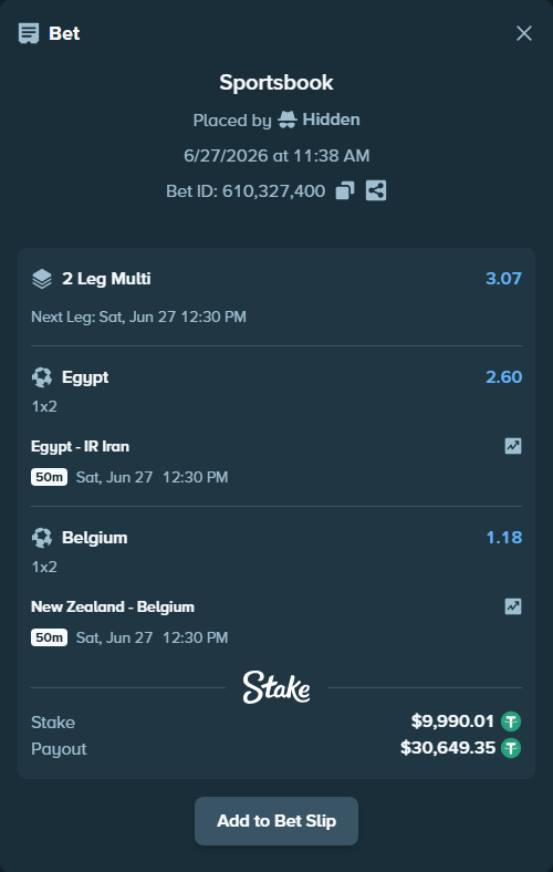 Bet slip: Egypt - IR Iran, $10,000.00 stake at 2.60 odds, placed by Hidden
