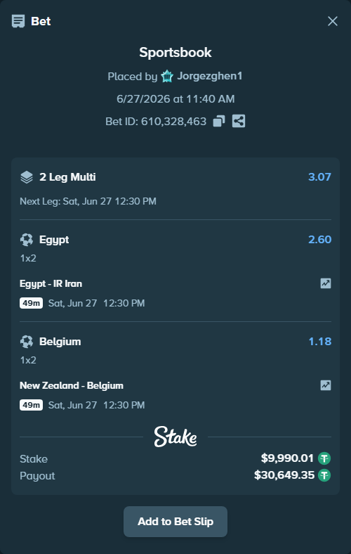 Bet slip: Egypt - IR Iran, $10,000.00 stake at 2.60 odds, placed by Jorgezghen1