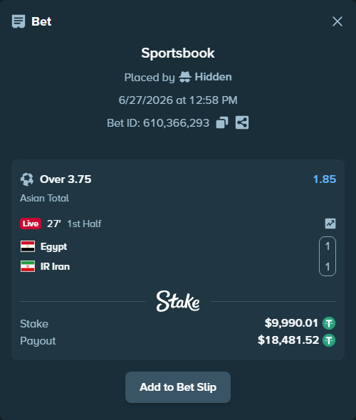 Bet slip: Egypt - IR Iran, $10,000.00 stake at 1.85 odds, placed by Hidden