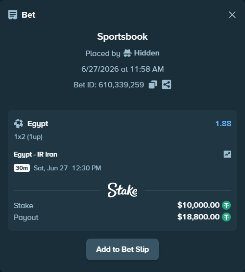 Bet slip: Egypt - IR Iran, $10,010.00 stake at 1.88 odds, placed by Hidden