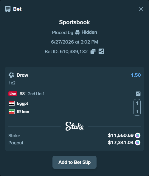 Bet slip: Egypt - IR Iran, $12,956.80 stake at 1.50 odds, placed by Hidden