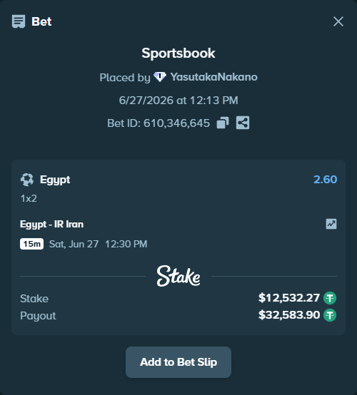 Bet slip: Egypt - IR Iran, $12,544.80 stake at 2.60 odds, placed by YasutakaNakano