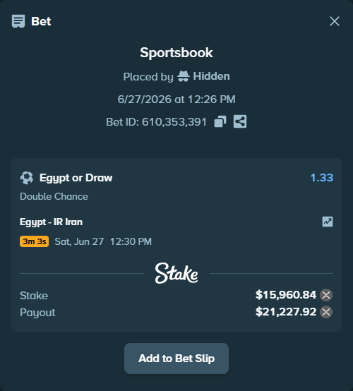 Bet slip: Egypt - IR Iran, $16,500.00 stake at 1.33 odds, placed by Hidden