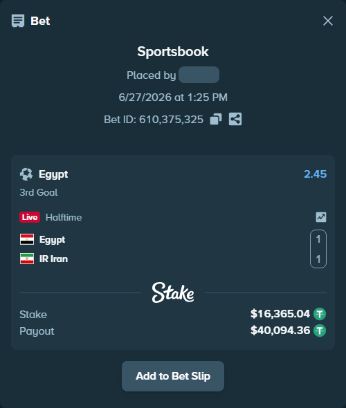 Bet slip: Egypt - IR Iran, $16,381.41 stake at 2.45 odds, placed by Bigfoltz