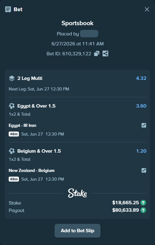 Bet slip: Egypt - IR Iran, $18,683.92 stake at 3.60 odds, placed by Bigfoltz