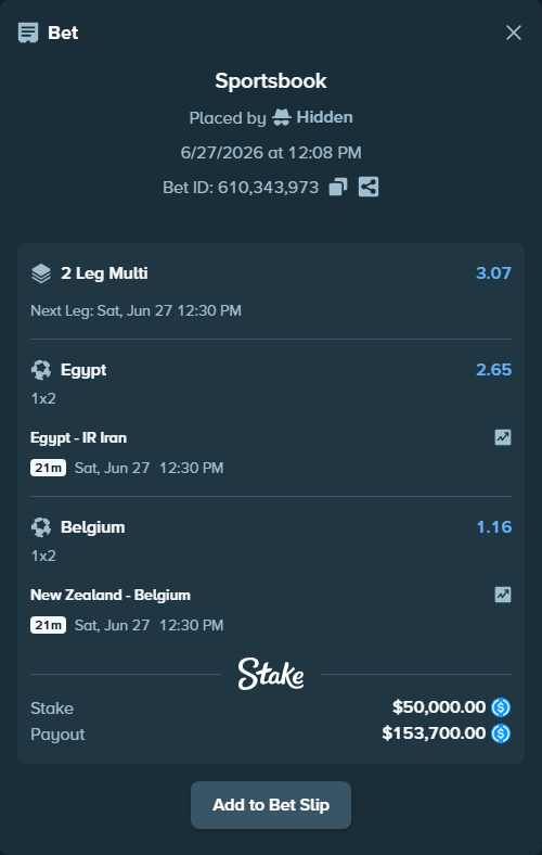 Bet slip: Egypt - IR Iran, $50,000.00 stake at 2.65 odds, placed by Hidden