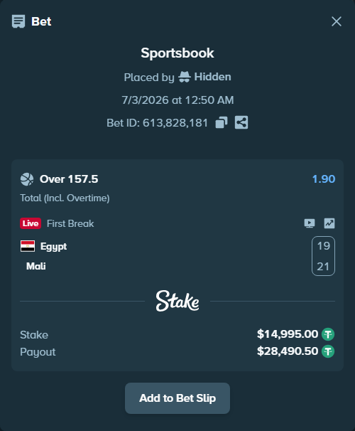 Bet slip: Egypt - Mali, $15,009.99 stake at 1.90 odds, placed by Hidden