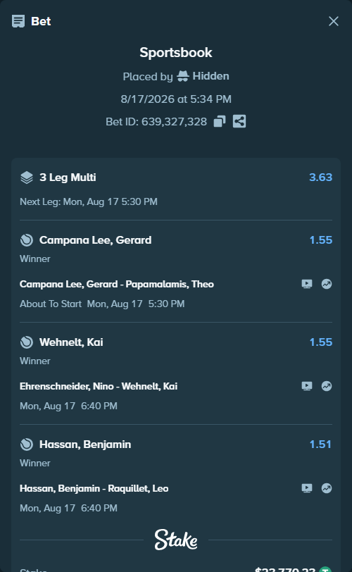 Bet slip: Ehrenschneider, Nino - Wehnelt, Kai, $23,794.00 stake at 1.55 odds, placed by Hidden