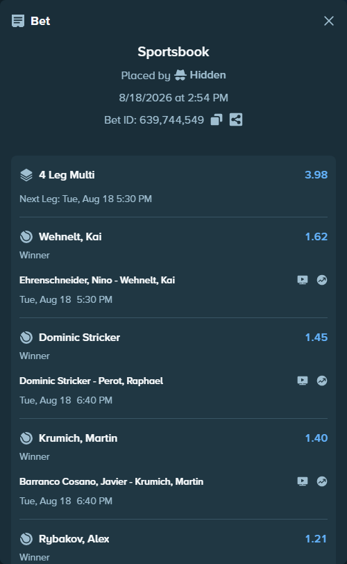 Bet slip: Ehrenschneider, Nino - Wehnelt, Kai, $25,000.00 stake at 1.62 odds, placed by Hidden
