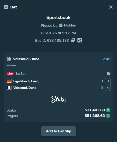 Bet slip: Eigelsbach, Emily Victoria - Vaissaud, Dune, $21,425.00 stake at 2.40 odds, placed by Hidden