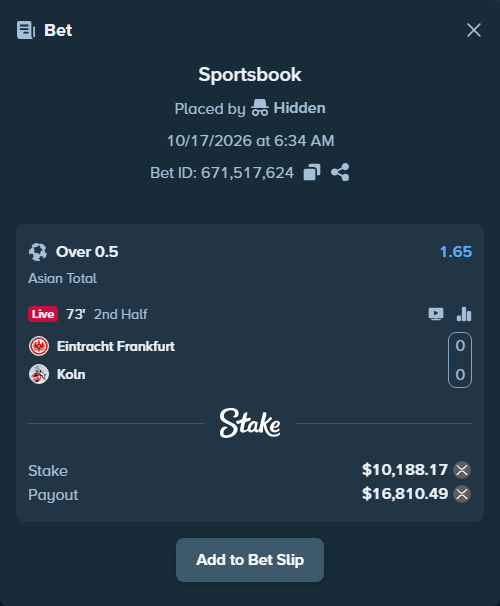Bet slip: Eintracht Frankfurt - Koln, $10,197.04 stake at 1.65 odds, placed by Hidden