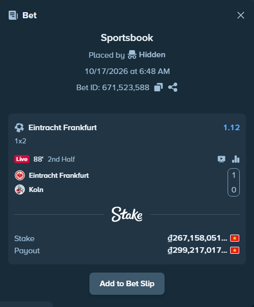 Bet slip: Eintracht Frankfurt - Koln, $10,686.32 stake at 1.12 odds, placed by Luan338
