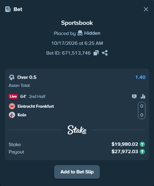 Bet slip: Eintracht Frankfurt - Koln, $20,000.00 stake at 1.40 odds, placed by Jackpoor