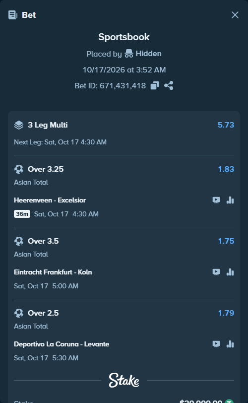 Bet slip: Eintracht Frankfurt - Koln, $20,020.00 stake at 1.75 odds, placed by Hidden