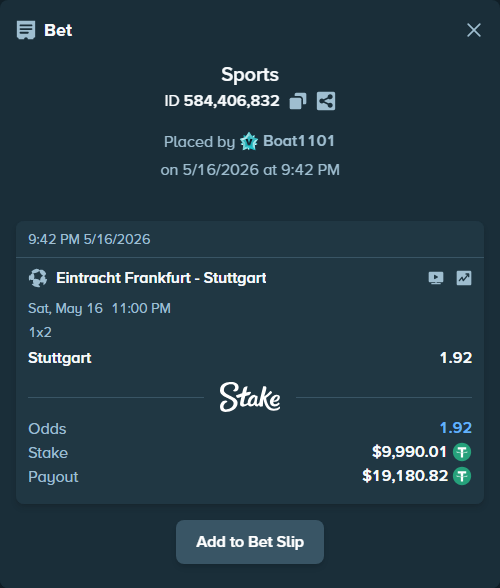 Bet slip: Eintracht Frankfurt - Stuttgart, $10,000.00 stake at 1.92 odds, placed by Boat1101