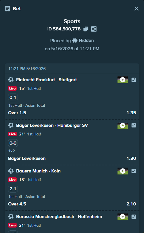 Bet slip: Eintracht Frankfurt - Stuttgart, $10,000.00 stake at 1.35 odds, placed by Hidden