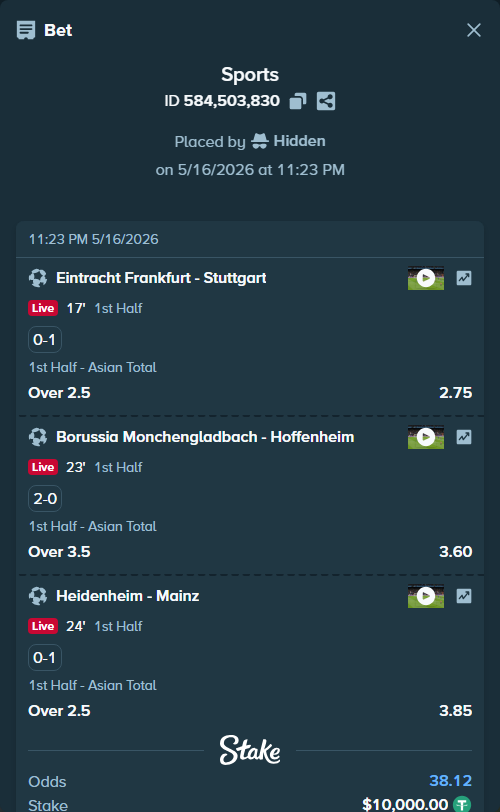 Bet slip: Eintracht Frankfurt - Stuttgart, $10,000.00 stake at 2.75 odds, placed by Hidden