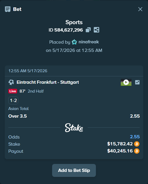 Bet slip: Eintracht Frankfurt - Stuttgart, $12,976.86 stake at 2.55 odds, placed by ninafreak