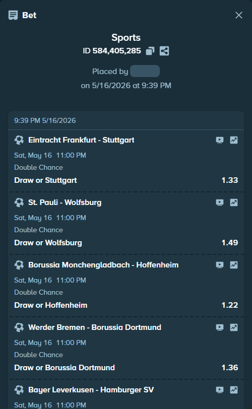 Bet slip: Eintracht Frankfurt - Stuttgart, $20,000.00 stake at 1.33 odds, placed by Boat1101