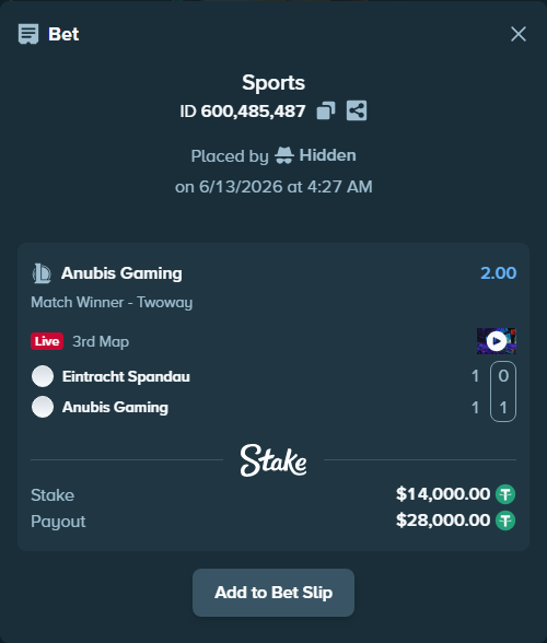 Bet slip: Eintracht Spandau - Anubis Gaming, $14,014.00 stake at 2.00 odds, placed by Hidden