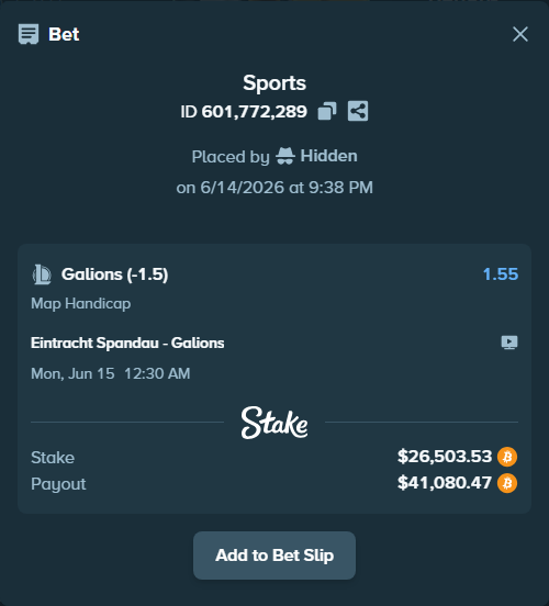 Bet slip: Eintracht Spandau - Galions, $26,410.02 stake at 1.55 odds, placed by Hidden