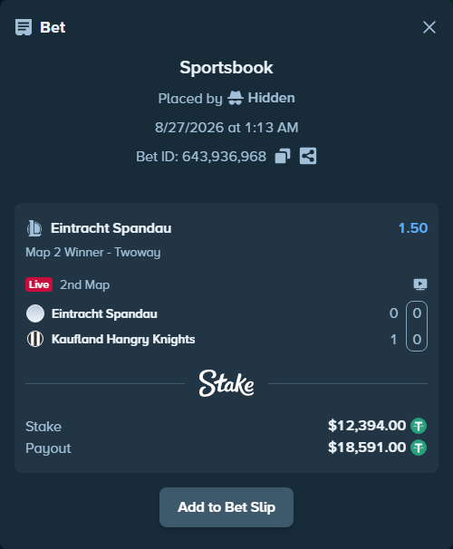Bet slip: Eintracht Spandau - Kaufland Hangry Knights, $12,394.00 stake at 1.50 odds, placed by Hidden