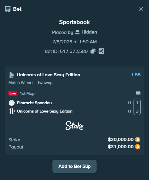 Bet slip: Eintracht Spandau - Unicorns of Love Sexy Edition, $20,120.55 stake at 1.55 odds, placed by Hidden