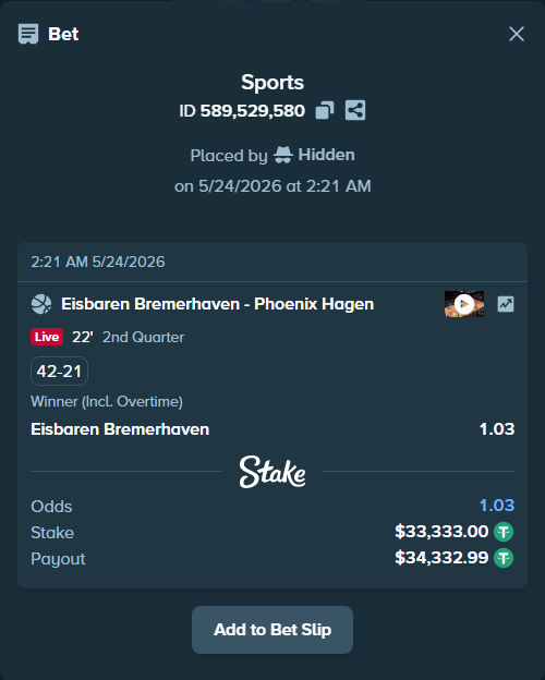 Bet slip: Eisbaren Bremerhaven - Phoenix Hagen, $33,366.33 stake at 1.03 odds, placed by Hidden