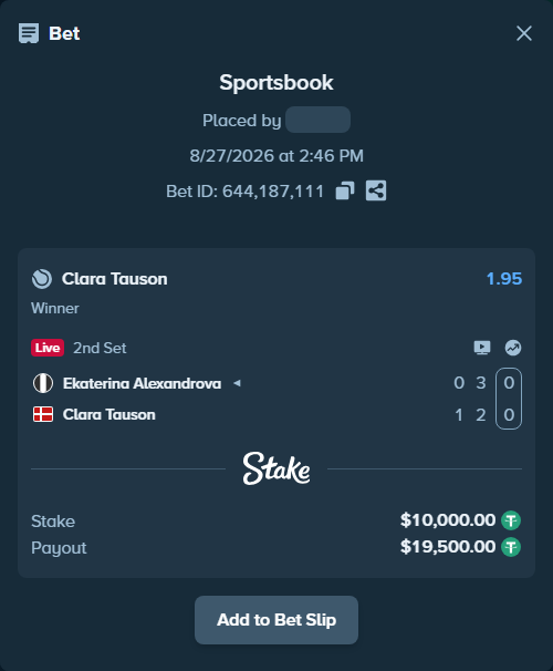 Bet slip: Ekaterina Alexandrova - Clara Tauson, $10,000.00 stake at 1.95 odds, placed by WinTr10