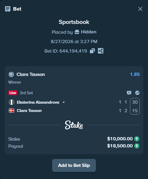 Bet slip: Ekaterina Alexandrova - Clara Tauson, $10,000.00 stake at 1.85 odds, placed by Hidden