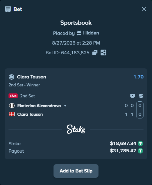 Bet slip: Ekaterina Alexandrova - Clara Tauson, $18,697.34 stake at 1.70 odds, placed by Hidden